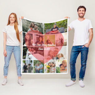 Our Love Story 12 Photo Timeline Couple Collage Fleece Blanket