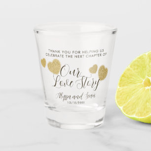 Our Love Story Gold Glitter Hearts Wedding FAVOR Shot Glass