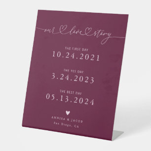 Our Love Story Hearts Cranberry Wedding Timeline Pedestal Sign