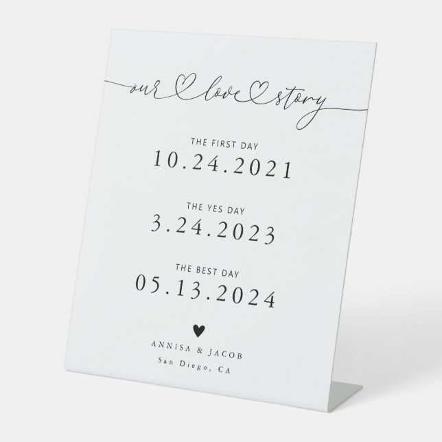 Our Love Story Hearts White Wedding Timeline Pedestal Sign (Front)