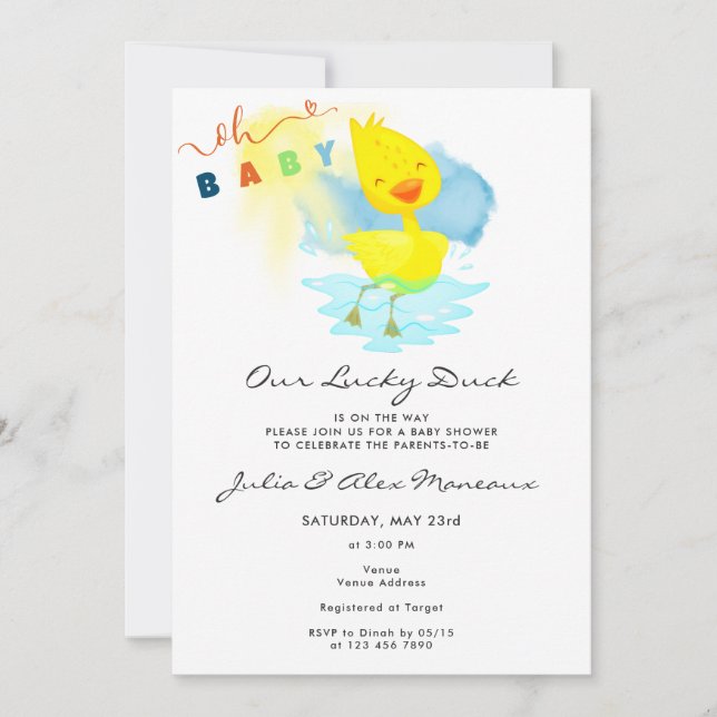 Our Lucky Duck Cute Baby Shower Party Watercolor Invitation (Front)