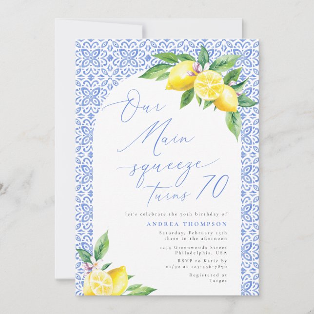 Our Main Squeeze turns 70 Lemon Italian Birthday Invitation (Front)