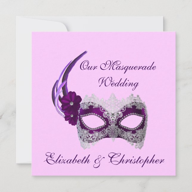 "Our Masquerade Wedding" - Royal Purple Mask Invitation (Front)