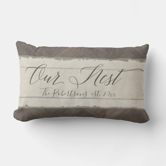 Our Nest Rustic Farm Farmhouse Wood Family Name Lumbar Cushion (Front)