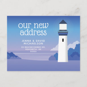 Our New Address   Beach and Lighthouse Postcard