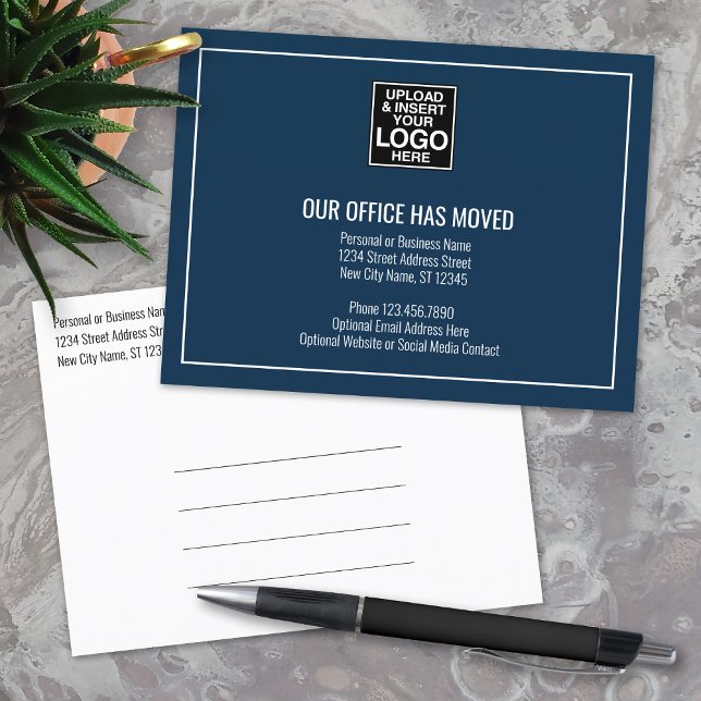 Our New Address Information - Business Logo Navy Announcement Postcard (New Address Postcard with Office Return Address and Logo)