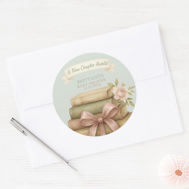 Our New Chapter Awaits Pink Bow Baby Shower Classic Round Sticker (Envelope)