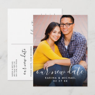 Our New Date Handwritten Script Wedding Photo Announcement Postcard
