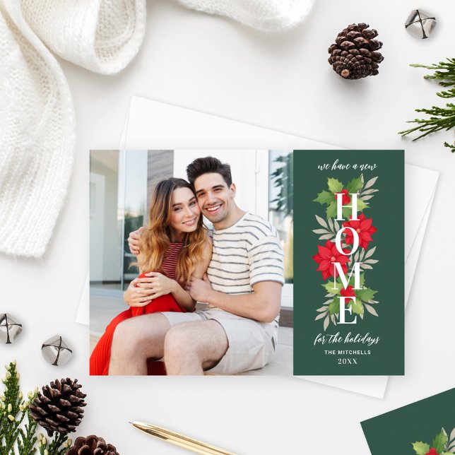 Our New Home Address Photo Green Poinsettia Holiday Card (Creator Uploaded)