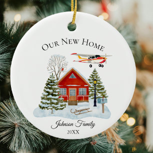 Our New Home Cessna Airplane Cute Watercolor Ceramic Tree Decoration