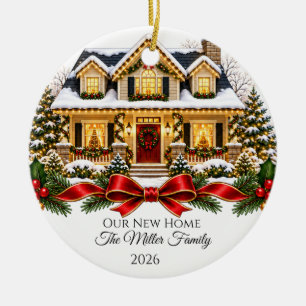 Our New Home Christmas House with Family Name and Ceramic Tree Decoration