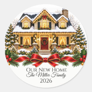 Our New Home Christmas House with Family Name and Classic Round Sticker