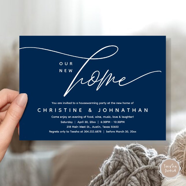 Our New Home, Cosy Lovely Housewarming Party Invitation (Our New Home, Cozy Lovely Housewarming Party Invitation Card, PDF, Navy Blue)