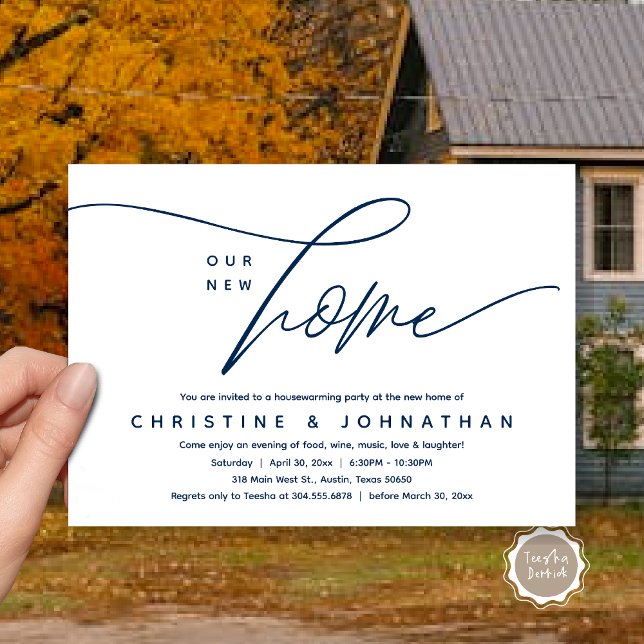Our New Home, Cosy Lovely Housewarming Party Invitation (Our New Home, Cozy Lovely Housewarming Party Invitation Card, PDF, Navy Blue)