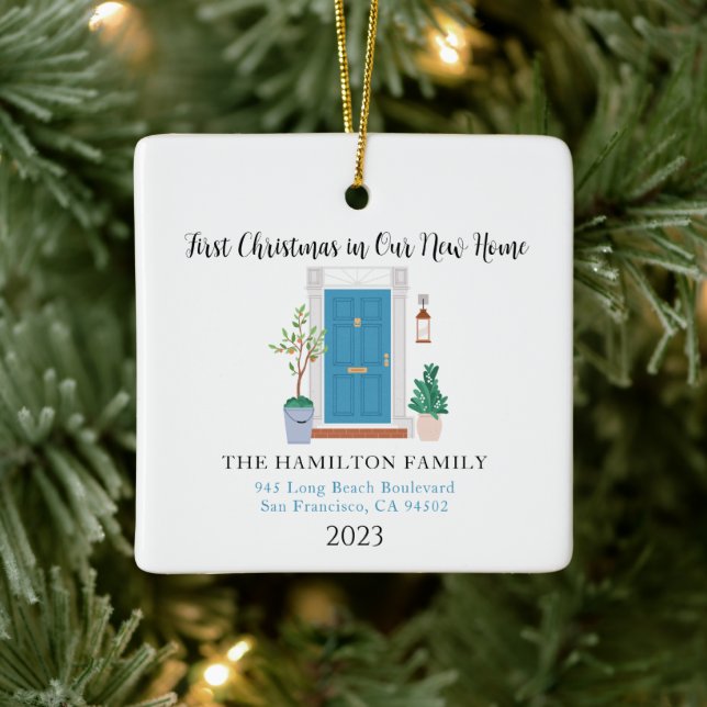 Our New Home First Christmas Blue Front Door Ceramic Ornament (Tree)