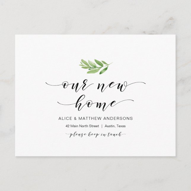 Our New Home, Greenery, Moving Announcement Postcard (Front)