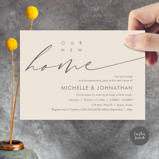 Our New Home, Housewarming Party Celebration Invitation (Our New Home, Housewarming Party Celebration Card, PDF, Modern Minimalist Script, in Cream Dark Grey)