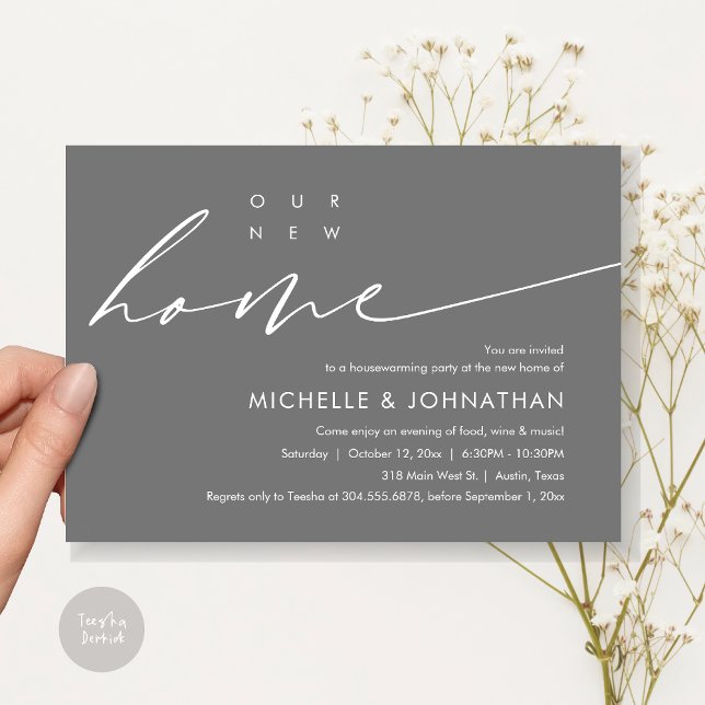 Our New Home, Housewarming Party Celebration Invitation (Our New Home, Housewarming Party Celebration Card, PDF, Modern Minimalist Script, in Dark Grey)