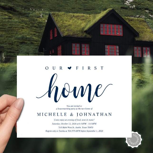 Our new home, Housewarming party invitation cards (Our first home, Housewarming party celebration invitation card, in navy blue)