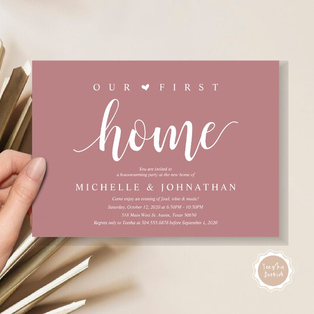 Our new home, Housewarming party invitation cards (Our first home, Housewarming party celebration invitation card, in dusty rose pink)