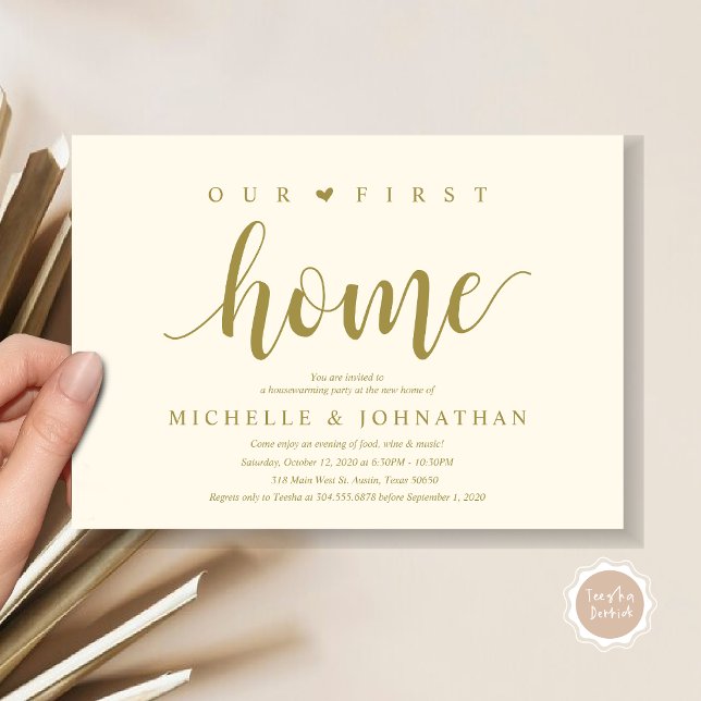 Our new home, Housewarming party invitation cards (Our first home, Housewarming party celebration invitation card, in classy gold)