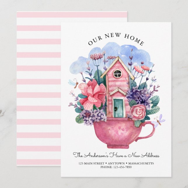 Our New Home Watercolor Pink Tea Cup Floral  (Front/Back)
