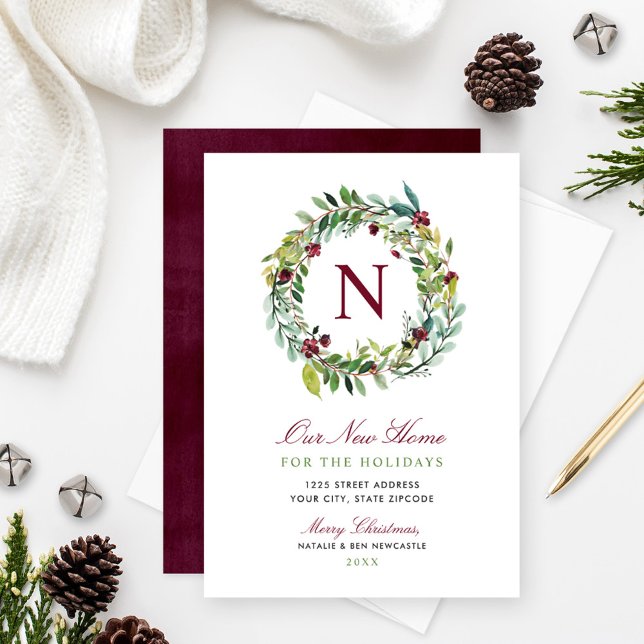 Our New Home Winter Greenery Monogram Wreath Holiday Card (Creator Uploaded)