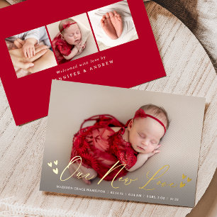 Our New Love Foil Script Photo Birth Announcement