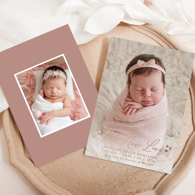 Our New Love Foil Script Photo Birth Announcement (Creator Uploaded)