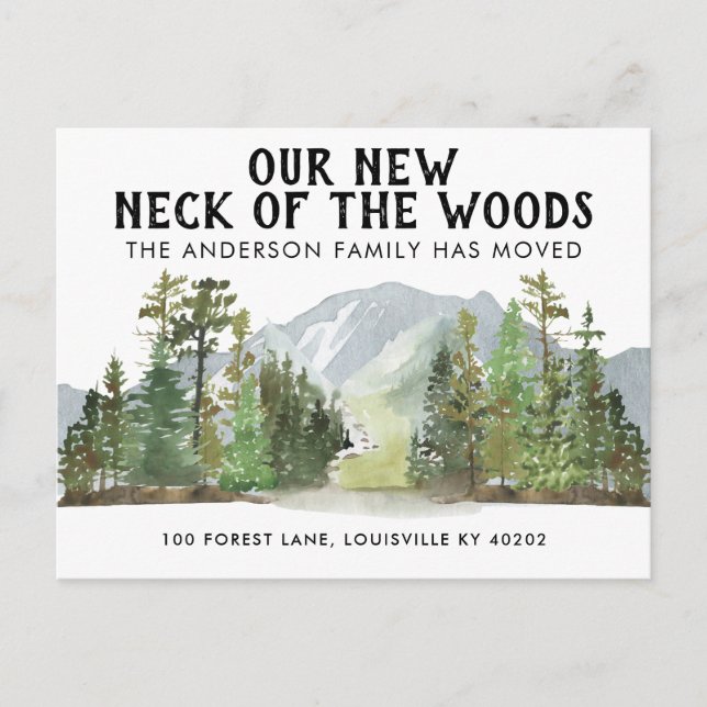 Our New Neck of the Woods Forest Mountain Moving Announcement Postcard (Front)