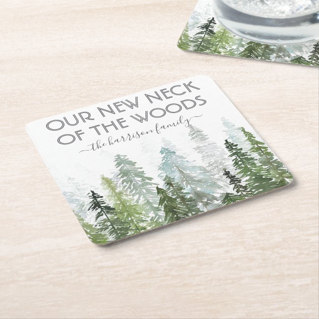 Our New Neck Of The Woods | Housewarming Party Square Paper Coaster (Angled)