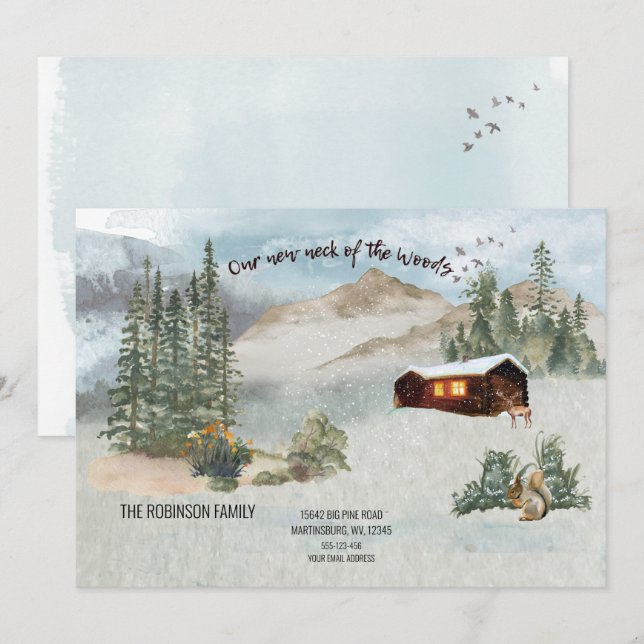 Our New Neck Of the Woods Pine Forest Cabin Moving Card (Front/Back)