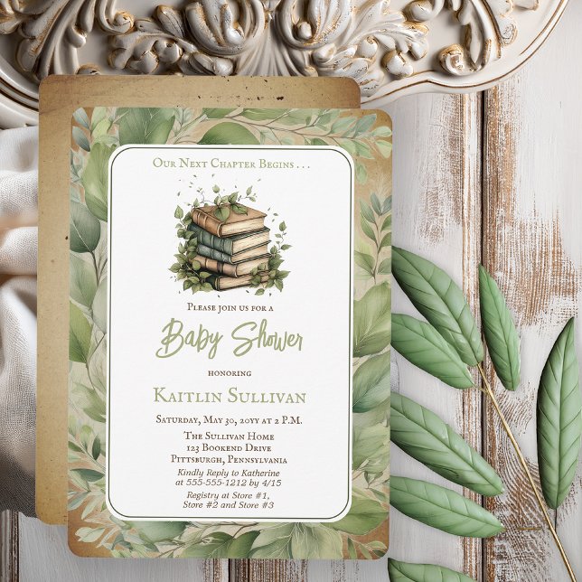 Our Next Chapter Begins Books Baby Shower Invitation (Rustic Vintage Look Elegance "Our Next Chapter Begins . . ." Old Books and Leaves Baby Shower Invite)