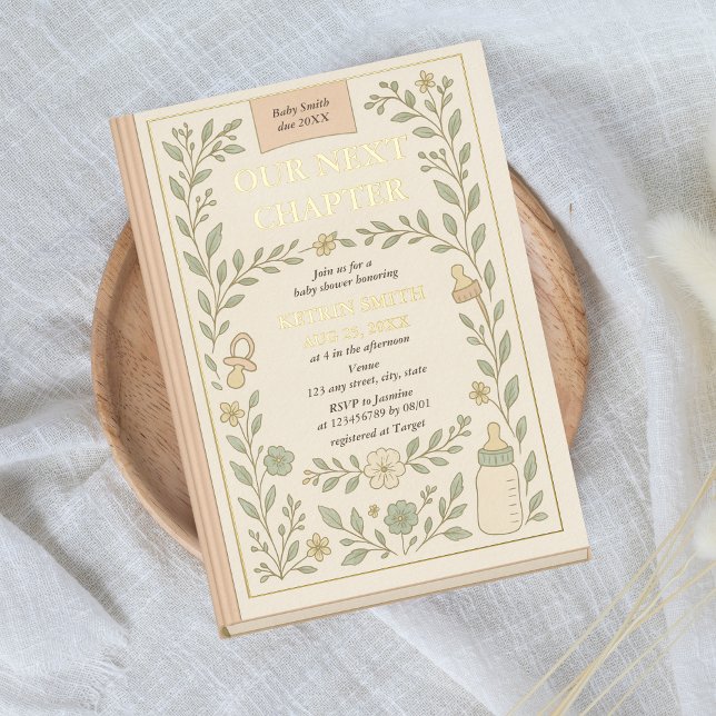 Our Next Chapter Storybook Novel Baby Shower (A new chapter begins Gold Foil, Book Themed Baby Shower Invitation with Vintage Floral Details)