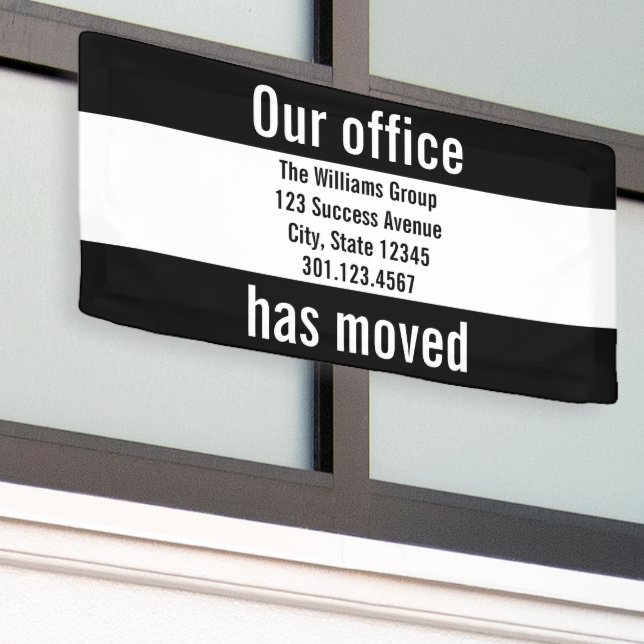 Our Office Has Moved Announcement Black and White Banner (Outside Building)