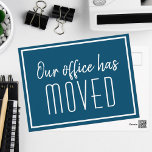 Our Office Has Moved Simple Blue White Business Postcard<br><div class="desc">We have a new address moving postcards for a modern business or chic corporation looking to update their clients on a new location. Our office has moved. Classy,  minimalist typography on sleek blue and white cards for your company. Customise the change of address on the back.</div>