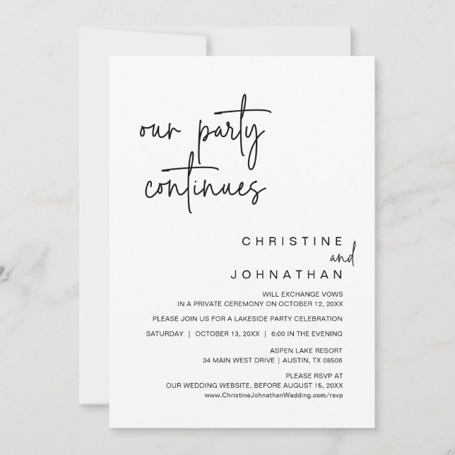 Our Party Continues, Wedding Elopement Dinner Invi Invitation (Front)