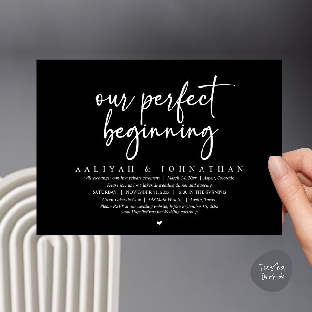 Our Perfect Beginning, Wedding Elopement Party Invitation (Our Perfect Beginning, Wedding Elopement Party Invitation card in black and white)