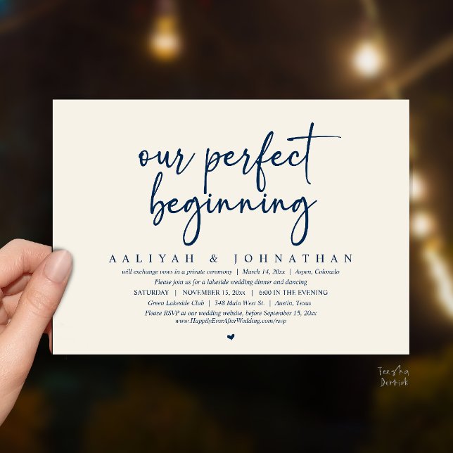 Our Perfect Beginning, Wedding Elopement Party Invitation (Our Perfect Beginning, Wedding Elopement Party Invitation card in navy blue and ivory)