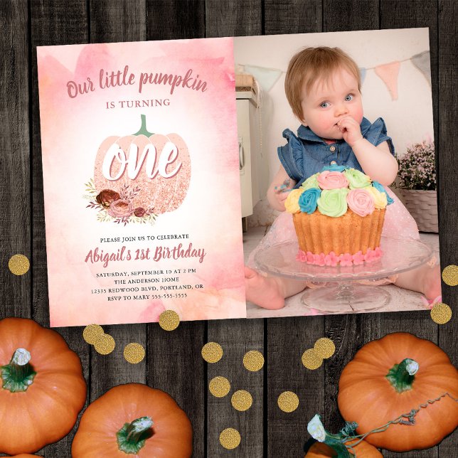 Our Pumpkin 1st Birthday Rose Gold Glitter Photo Invitation (Creator Uploaded)