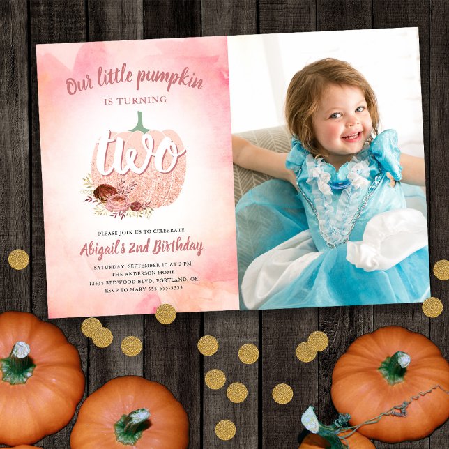 Our Pumpkin 2nd Birthday Rose Gold Glitter Photo Invitation (Creator Uploaded)