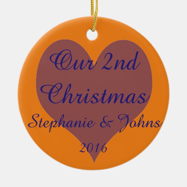 Our Second Christmas Together Blue Orange Heart Ceramic Tree Decoration (Front)