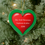 Our Second Christmas Together Cute Red Heart 2019 Ceramic Tree Decoration<br><div class="desc">Personalised names and printed with cute red heart design in solid green background. Feel free to customise by adding your own texts,  names or photos. You can add your photo on the back side of the ornament easily!
The colour of the background can also be changed as you want.</div>