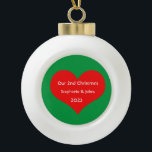 Our Second Christmas Together Cute Red Heart 2023  Ceramic Ball Christmas Ornament<br><div class="desc">Personalised names and printed with cute red heart design in solid green background. Feel free to customise by adding your own texts,  names or photos. You can add your photo on the back side of the ornament easily!
The colour of the background can also be changed as you want.</div>