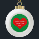 Our Second Christmas Together Cute Red Heart 2023  Ceramic Ball Christmas Ornament<br><div class="desc">Personalised names and printed with cute red heart design in solid green background. Feel free to customise by adding your own texts,  names or photos. You can add your photo on the back side of the ornament easily!
The colour of the background can also be changed as you want.</div>