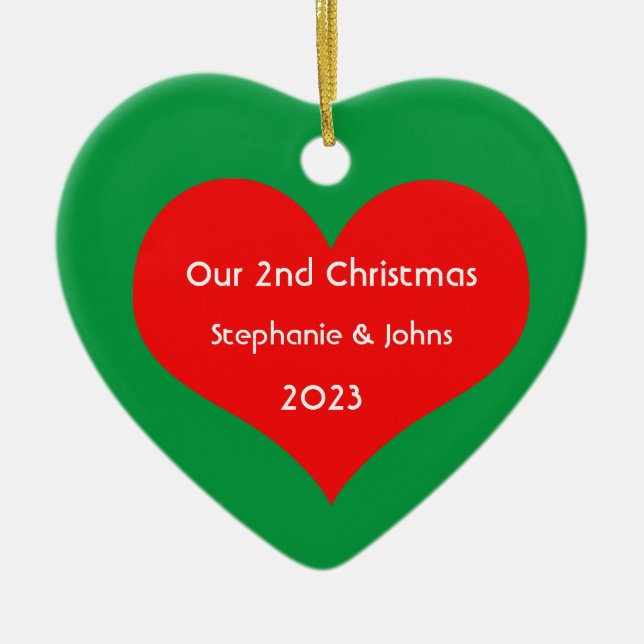 Our Second Christmas Together Cute Red Heart 2023 Ceramic Tree Decoration (Front)