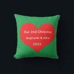 Our Second Christmas Together Cute Red Heart 2023  Cushion<br><div class="desc">Personalised names and printed with cute red heart design in solid green background. Feel free to customise by adding your own texts,  names or photos. The colour of the background and the year can also be changed as you want!</div>
