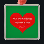 Our Second Christmas Together Cute Red Heart 2023  Metal Tree Decoration<br><div class="desc">Personalised names and printed with cute red heart design in solid green background. Feel free to customise by adding your own texts,  names or photos. You can add your photo on the back side of the ornament easily!
The colour of the background can also be changed as you want.</div>