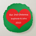 Our Second Christmas Together Cute Red Heart 2023  Round Cushion<br><div class="desc">Personalised names and printed with cute red heart design in solid green background. Feel free to customise by adding your own texts,  names or photos. The colour of the background and the year can also be changed as you want!</div>
