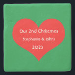 Our Second Christmas Together Cute Red Heart 2023  Stone Coaster<br><div class="desc">Personalised names and printed with cute red heart design in solid green background. Feel free to customise by adding your own texts,  names or photos. The colour of the background and the year can also be changed as you want!</div>
